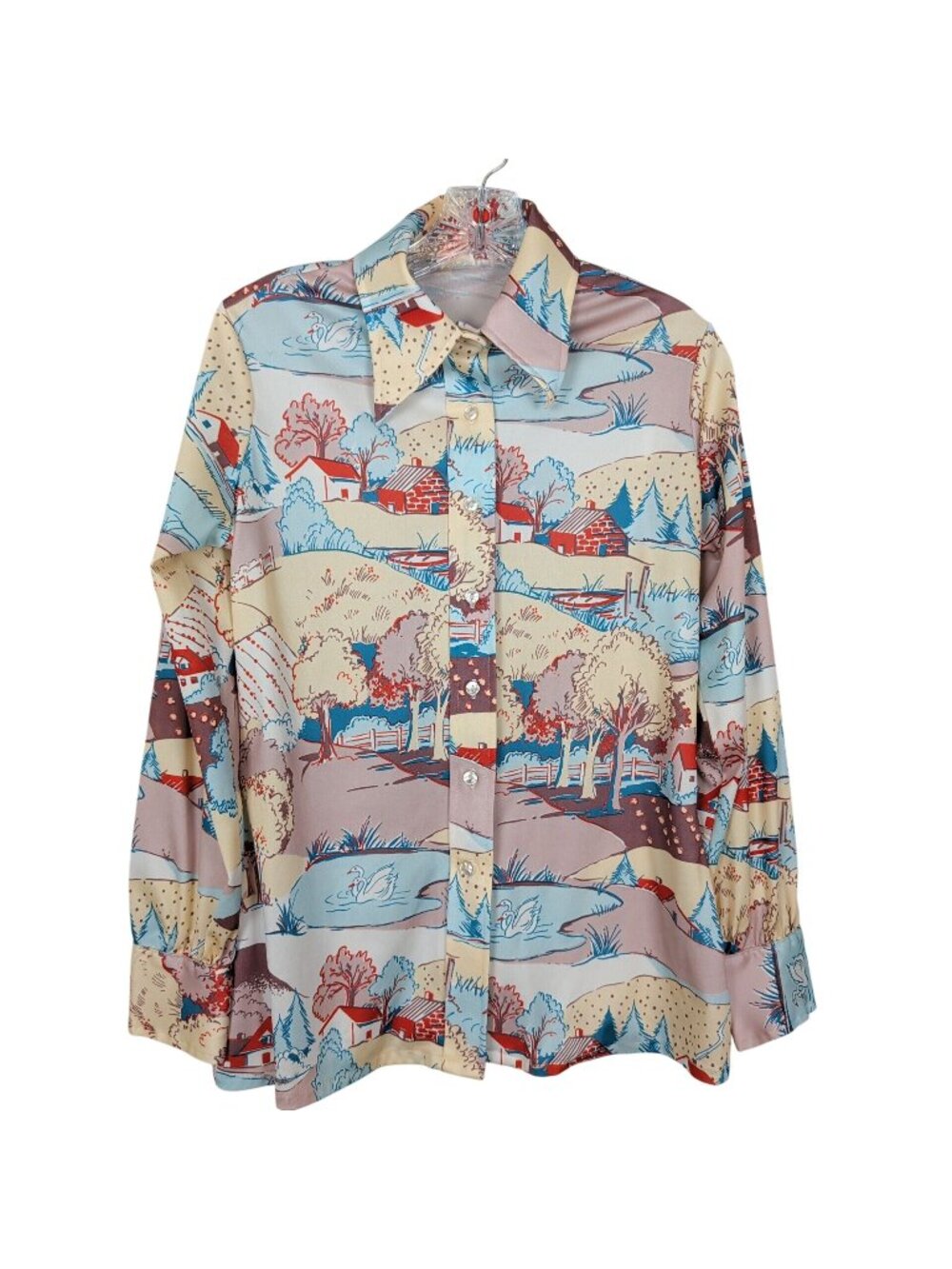 Vintage Womens Novelty Scenic Print Button Front Blouse Long Sleeve Retro Cottag